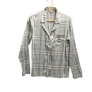 Burberry Womens Pajama Light Blue Plaid Silk Button-Up Shirt Small